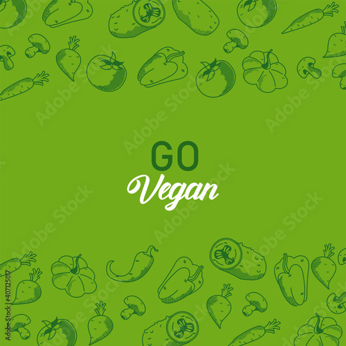 go vegan lettering poster with vegetables frame in green background
