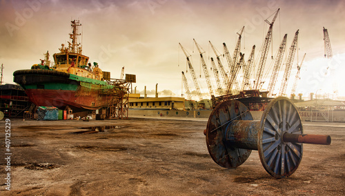 tug boat at dry dock doing maintenance