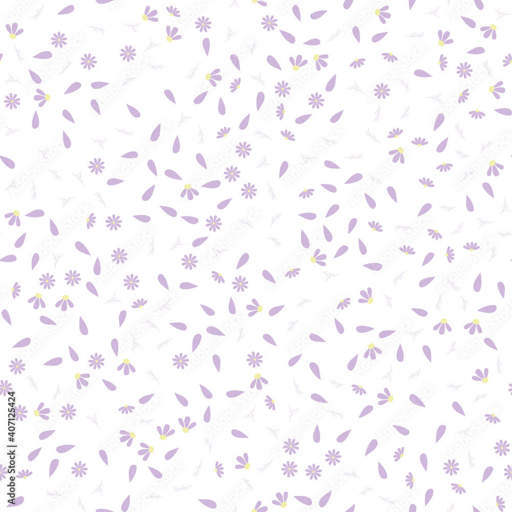 Floral seamless pattern. Lilac flowers and petals on a white background. For textiles and background design. Vector illustration. Flat style
Floral seamless pattern. Lilac flowers and petals on a white background. For textiles and background design. Vector illustration. Flat style