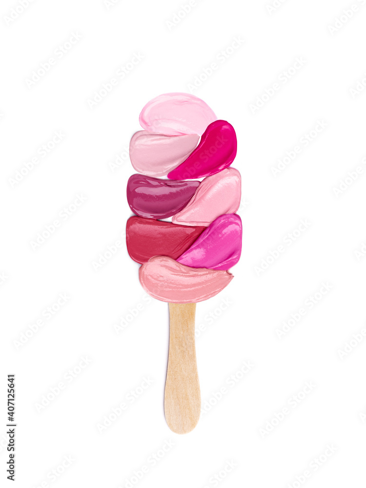 Creative concept of lipstick smeared in the form of popsicle ice cream on a  white background. Flat lay of colorful swatches makeup product Photos |  Adobe Stock
