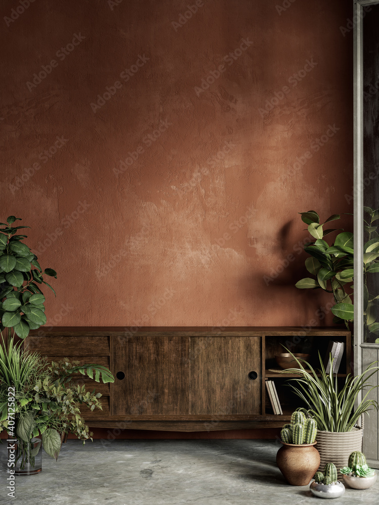 Terracotta orange color interior with plants, dresser, stucco wall