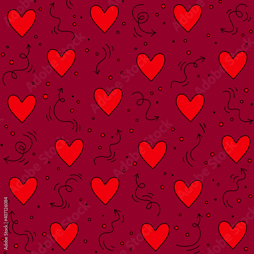 Hand drawn seamless pattern with red hearts and arrows on a dark red background. Bright seamless background with hearts in doodle style for Valentine's Day, holidays. Vector abstract print.