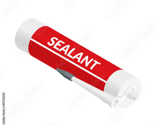Isometric vector illustration silicone sealant packaging container tube with nozzle isolated on white background. Realistic silicone sealant tube icon in flat cartoon style. Building materials.