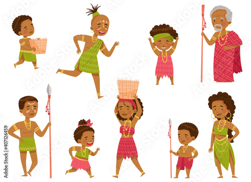 African People Characters with Kids in Traditional Tribal Clothing Vector Set