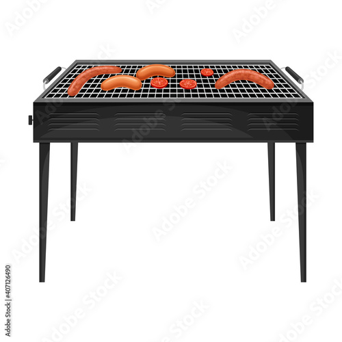 Square Charcoal Barbecue Grill with Metal Grid for Cooking Food Vector Illustration