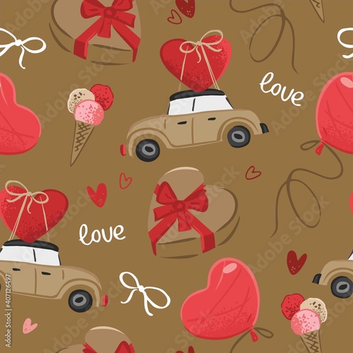 Seamless pattern with car, hearts, ice cream, bows, balloons in retro style isolated on beige. Background for Valentine's Day. Packaging bamaga, wallpaper, printing on fabric. Vector illustration photo