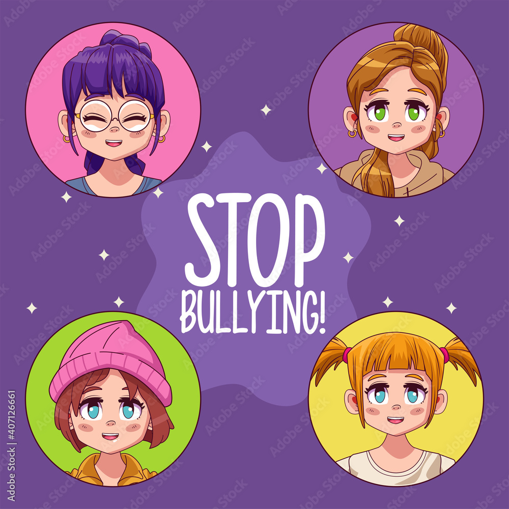 young teenagers girls with stop bullying lettering young teenagers girls with stop bullying lettering