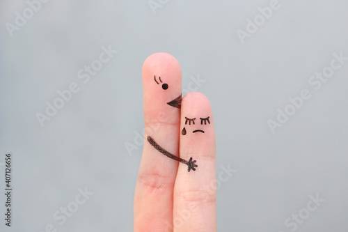 Photography Fingers art of people. Child cries, mother reassures his.
