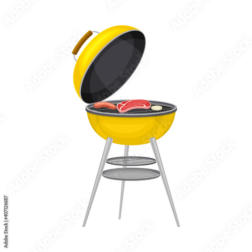Kettle Barbecue Grill with Meat Steak Cooking on It Vector Illustration