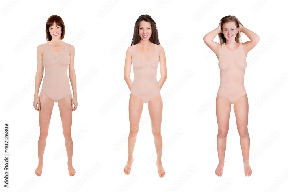 Three happy young women wearing beige swimsuits, full length portraits, isolated in front of white background Three happy young women wearing beige swimsuits, full length portraits, isolated in front of white background