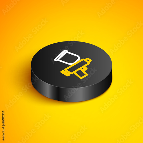 Isometric line Paint spray gun icon isolated on yellow background. Black circle button. Vector.