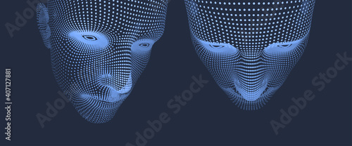 Network forming AI human face. Technology and robotics concept. Anonymous social masking. Cyber crime and cyber security vector illustration.