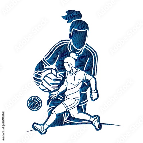 Group of Gaelic Football Women Players Action Cartoon Graphic Vector