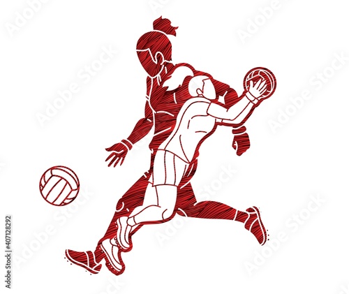 Group of Gaelic Football Women Players Action Cartoon Graphic Vector