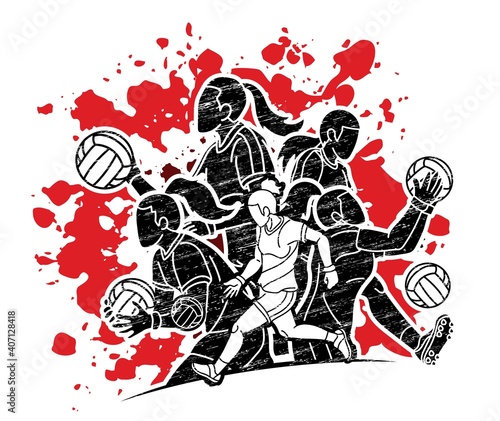 Group of Gaelic Football Women Players Action Cartoon Graphic Vector