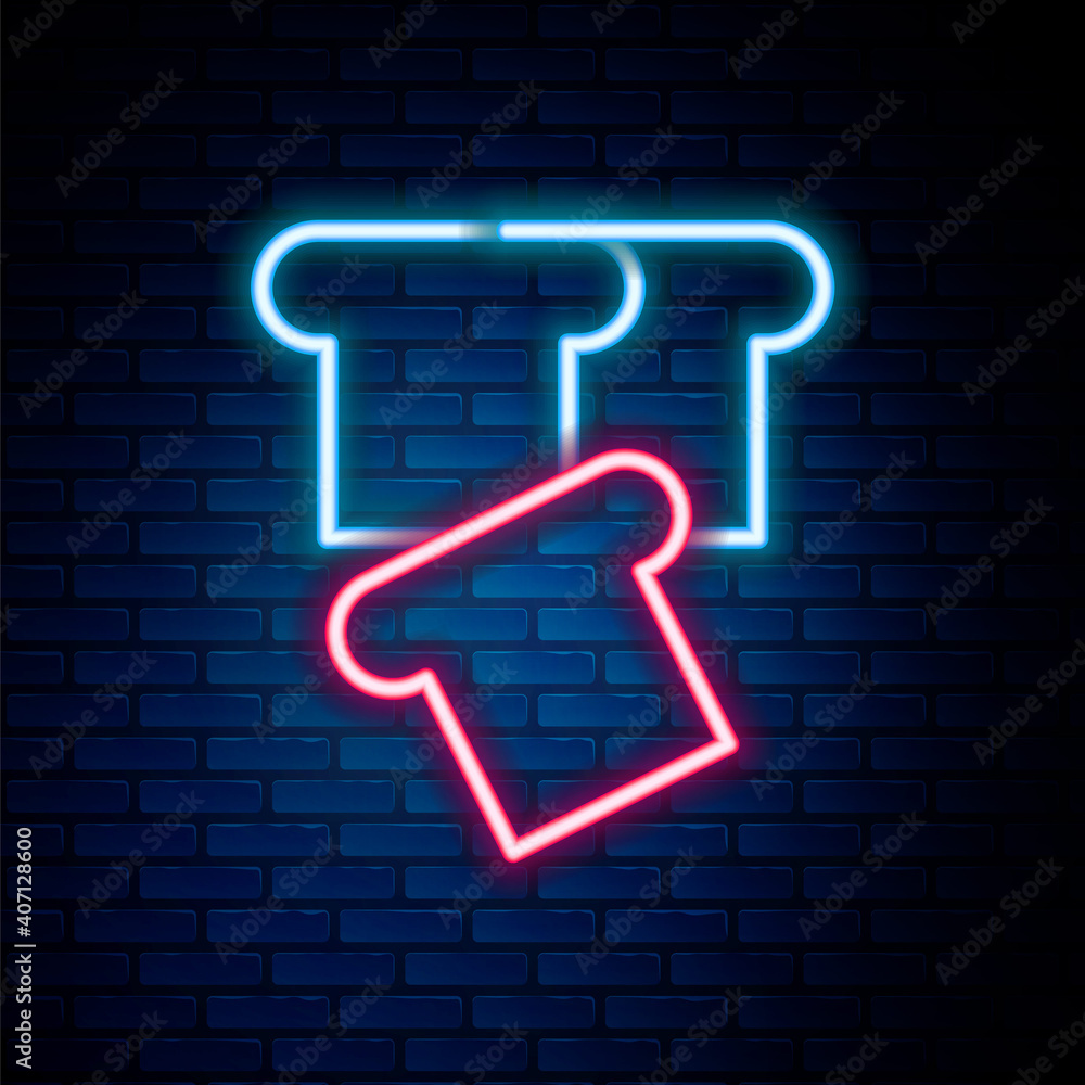 Glowing neon line Bread toast for sandwich piece of roasted crouton icon isolated on brick wall background. Lunch, dinner, breakfast snack. Colorful outline concept. Vector. Glowing neon line Bread toast for sandwich piece of roasted crouton icon isolated on brick wall background. Lunch, dinner, breakfast snack. Colorful outline concept. Vector.