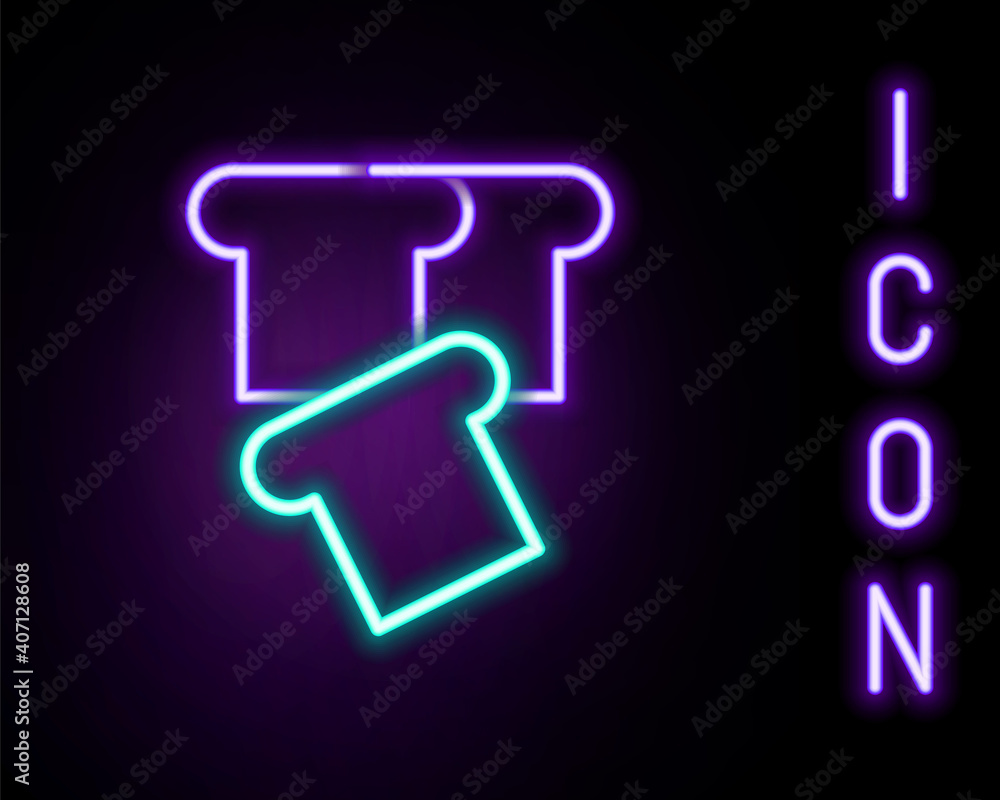 Glowing neon line Bread toast for sandwich piece of roasted crouton icon isolated on black background. Lunch, dinner, breakfast snack. Colorful outline concept. Vector. Glowing neon line Bread toast for sandwich piece of roasted crouton icon isolated on black background. Lunch, dinner, breakfast snack. Colorful outline concept. Vector.