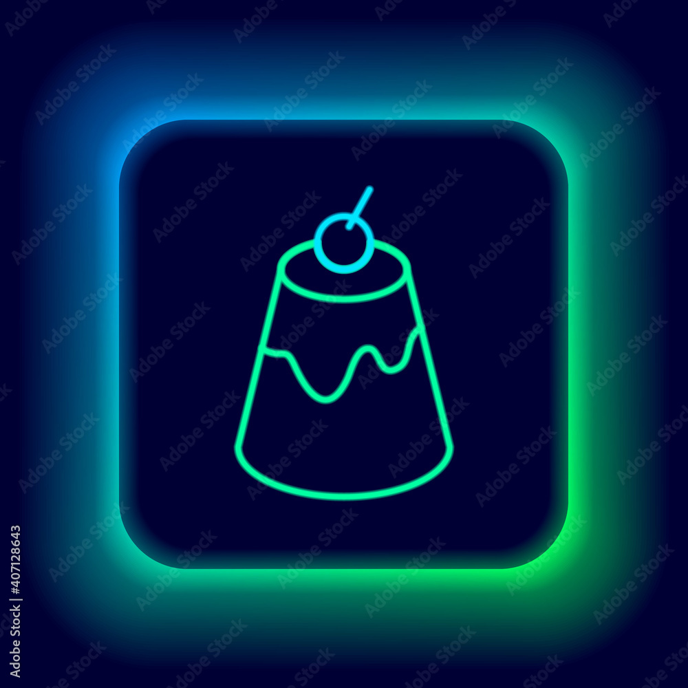 Obraz premium Glowing neon line Pudding custard with caramel glaze icon isolated on black background. Colorful outline concept. Vector.