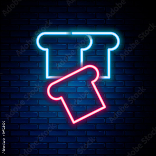 Glowing neon line Bread toast for sandwich piece of roasted crouton icon isolated on brick wall background. Lunch, dinner, breakfast snack. Colorful outline concept. Vector.