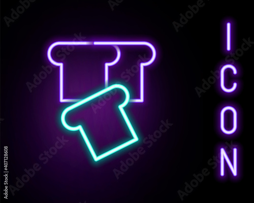 Glowing neon line Bread toast for sandwich piece of roasted crouton icon isolated on black background. Lunch, dinner, breakfast snack. Colorful outline concept. Vector.