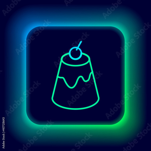 Glowing neon line Pudding custard with caramel glaze icon isolated on black background. Colorful outline concept. Vector.