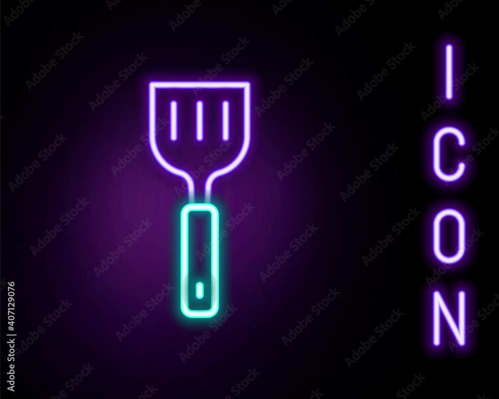 Glowing neon line Spatula icon isolated on black background. Kitchen spatula icon. BBQ spatula sign. Barbecue and grill tool. Colorful outline concept. Vector. Glowing neon line Spatula icon isolated on black background. Kitchen spatula icon. BBQ spatula sign. Barbecue and grill tool. Colorful outline concept. Vector.