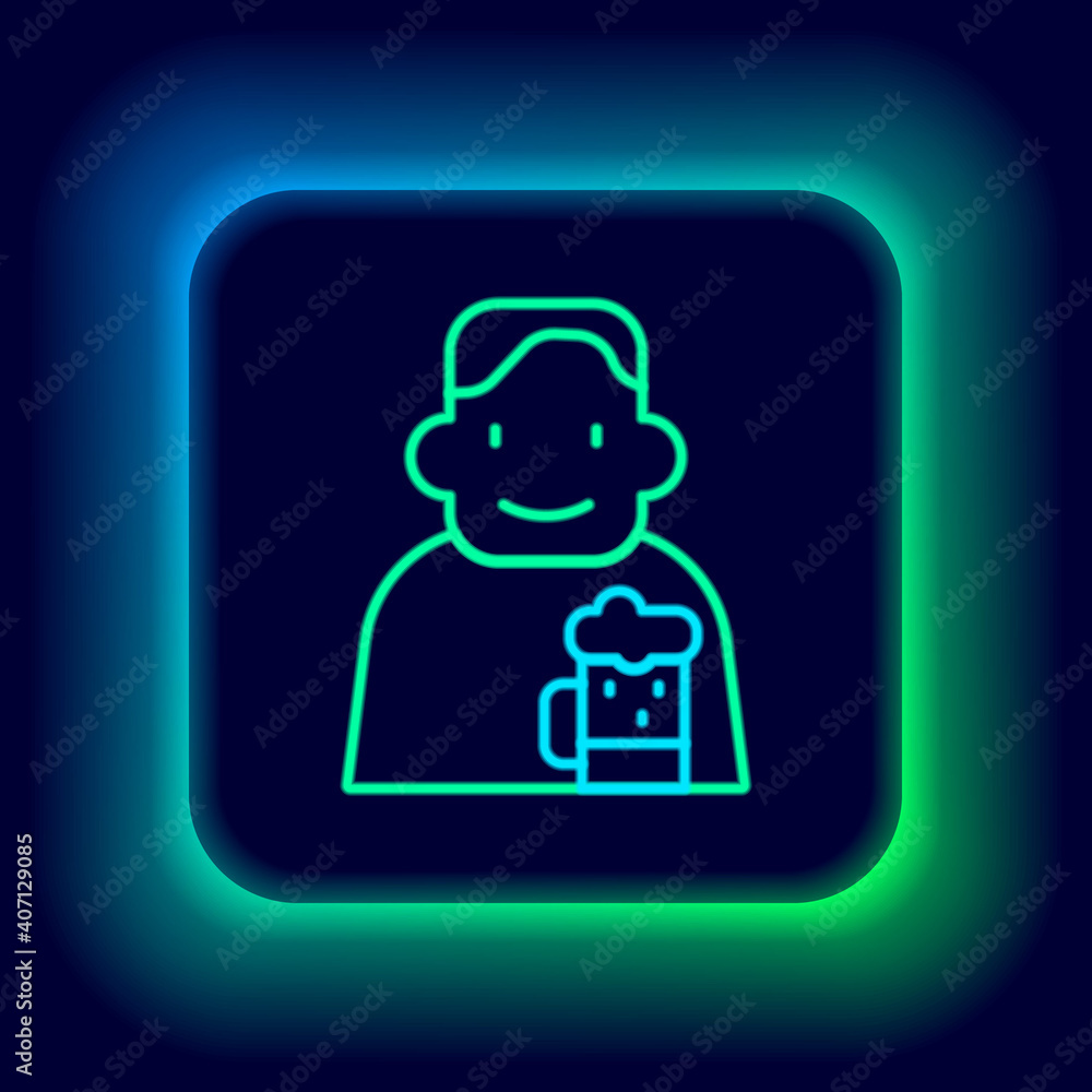 Glowing neon line Happy man with beer icon isolated on black background. Colorful outline concept. Vector. Glowing neon line Happy man with beer icon isolated on black background. Colorful outline concept. Vector.