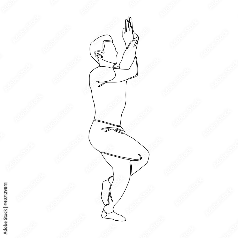 Continuous line of man doing Yoga in eagle pose. Yoga exercise vector. Continuous line of man doing Yoga in eagle pose. Yoga exercise vector.