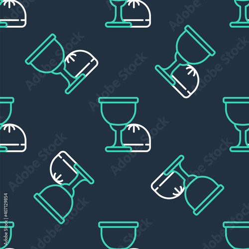Line Holy grail or chalice icon isolated seamless pattern on black background. Christian chalice. Christianity icon. Vector.