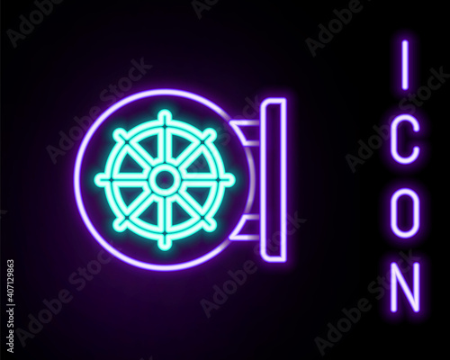 Glowing neon line Dharma wheel icon isolated on black background. Buddhism religion sign. Dharmachakra symbol. Colorful outline concept. Vector.