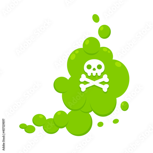 Smelling green cartoon fart cloud flat style design vector illustration with crossbone skull. Bad stink or toxic aroma cartoon smoke cloud isolated on white background.