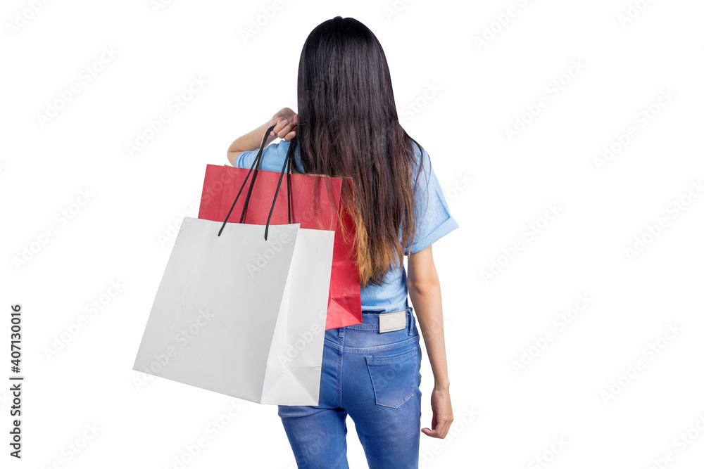 Rear view of Asian woman carrying shopping bags Rear view of Asian woman carrying shopping bags