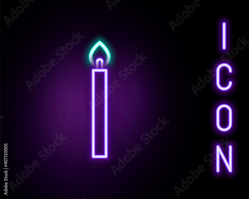 Glowing neon line Burning candle icon isolated on black background. Cylindrical candle stick with burning flame. Colorful outline concept. Vector.
