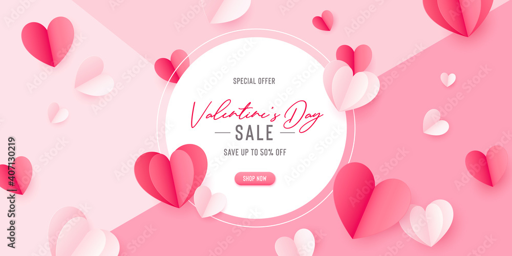 Happy St. Valentines Day card with 3d paper hearts. Vector holiday design template. Valentine concept sale banner or greeting card