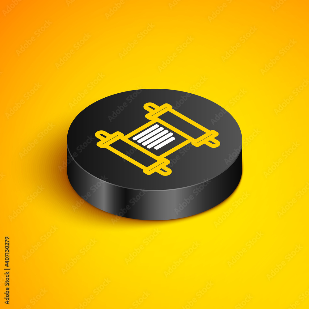 Isometric line Decree, paper, parchment, scroll icon icon isolated on yellow background. Chinese scroll. Black circle button. Vector. Isometric line Decree, paper, parchment, scroll icon icon isolated on yellow background. Chinese scroll. Black circle button. Vector.