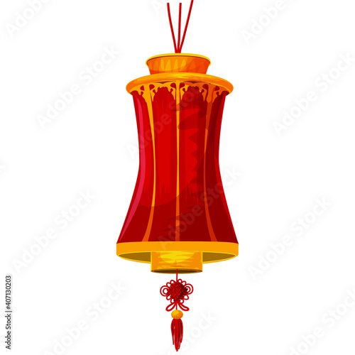 Realistic red lantern yellow silk tassel on white background. Happy Chinese New Year China spring festival decorative element design, 3d hanging circular & cylindrical shape fortune lamp illustration