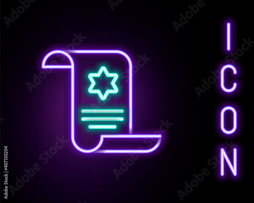 Glowing neon line Torah scroll icon isolated on black background. Jewish Torah in expanded form. Star of David symbol. Old parchment scroll. Colorful outline concept. Vector.