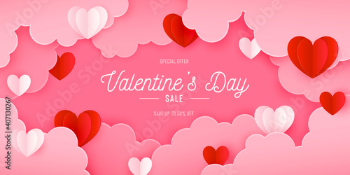 Happy St. Valentines Day card with 3d paper hearts. Vector holiday design template. Valentine concept sale banner