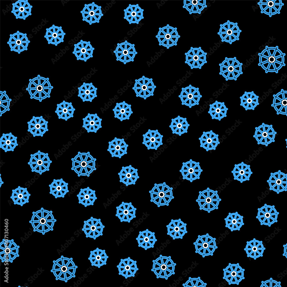 Line Dharma wheel icon isolated seamless pattern on black background. Buddhism religion sign. Dharmachakra symbol. Vector. Line Dharma wheel icon isolated seamless pattern on black background. Buddhism religion sign. Dharmachakra symbol. Vector.