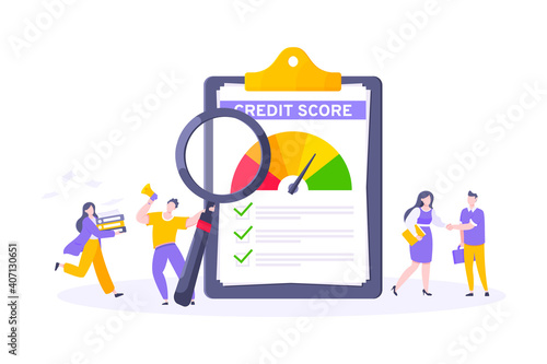 Credit score report with arrow gauge speedometer indicator with color levels on giant clipboard. Measurement from poor to excellent rating with tiny people shaking hands and run vector illustration