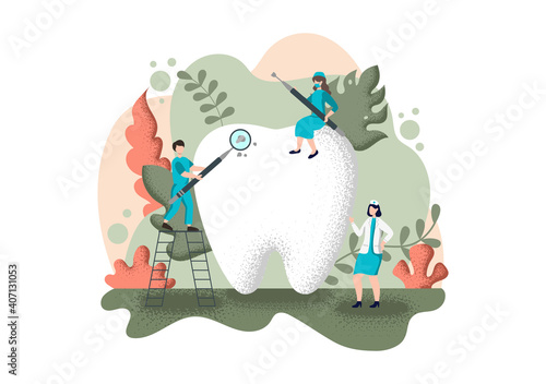 Dental Office Flat Color Illustration. Hospital interior with Workplace, Equipment, Instruments, Consultation, Treatment and Diagnosis