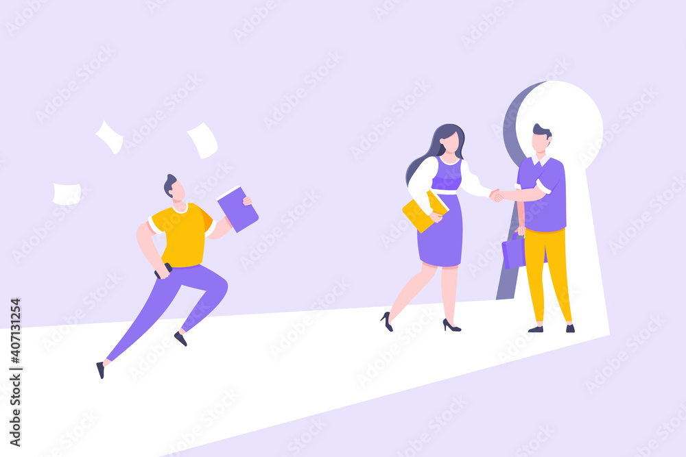 Business key opportunity concept with keyhole and ambitious man running to career potential and work financial success flat style vector illustration. New way business beginnings and unlock future.