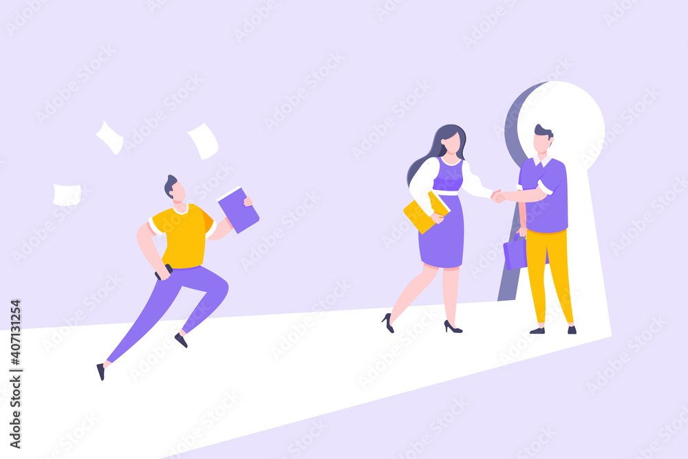 Business key opportunity concept with keyhole and ambitious man running to career potential and work financial success flat style vector illustration. New way business beginnings and unlock future. Business key opportunity concept with keyhole and ambitious man running to career potential and work financial success flat style vector illustration. New way business beginnings and unlock future.