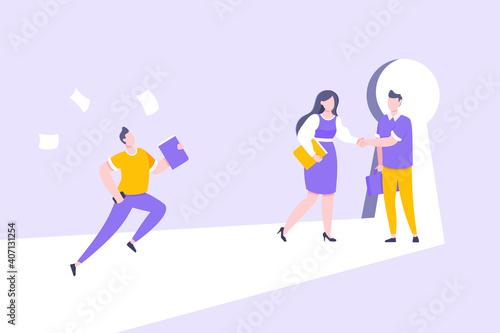 Business key opportunity concept with keyhole and ambitious man running to career potential and work financial success flat style vector illustration. New way business beginnings and unlock future.