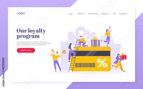 Get loyalty card and customer service business concept flat design vector illustration. Earn loyalty program points and get online reward and gifts. Tiny people with big card and gift box.