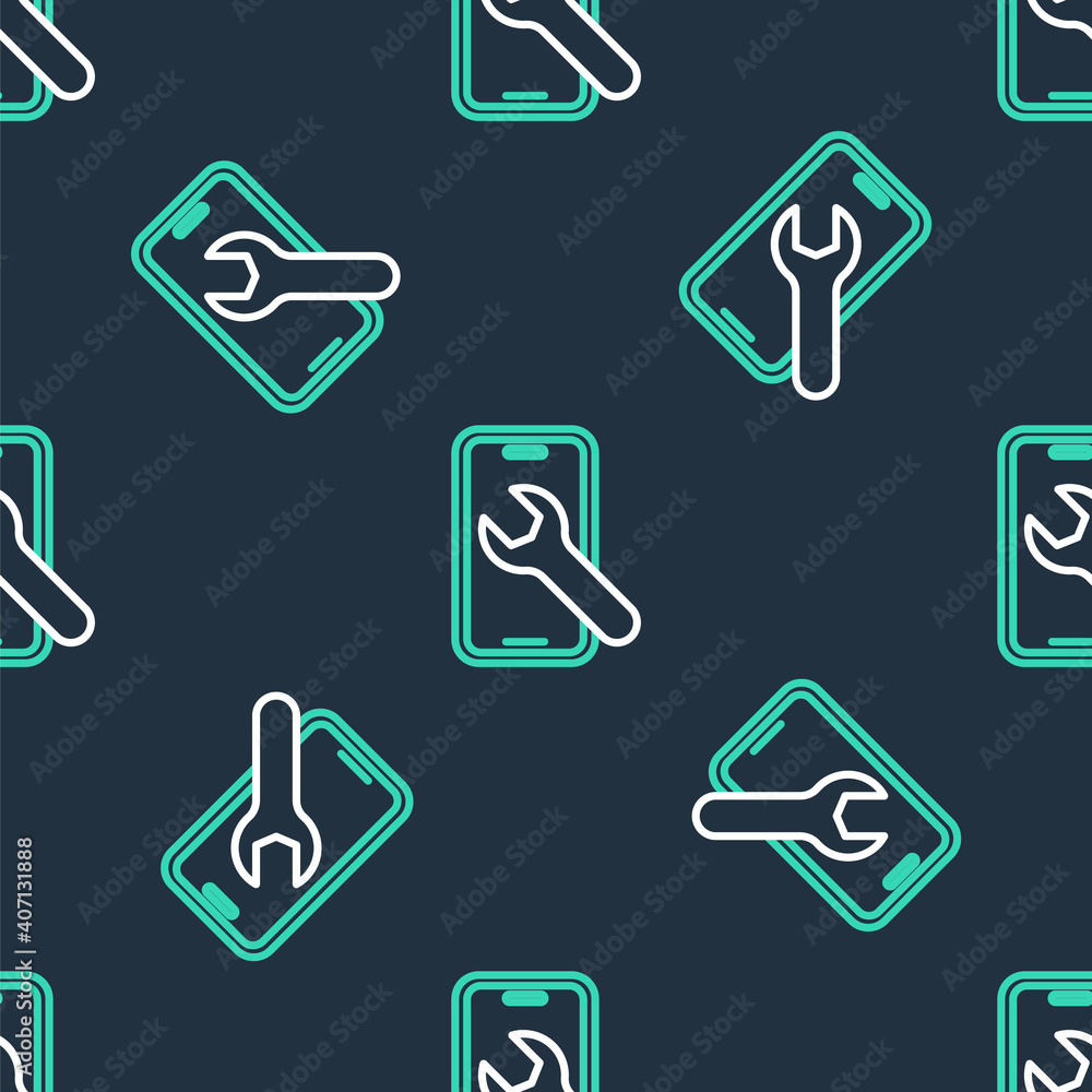 Line Mobile phone with wrench icon isolated seamless pattern on black background. Adjusting, service, setting, maintenance, repair. Vector. Line Mobile phone with wrench icon isolated seamless pattern on black background. Adjusting, service, setting, maintenance, repair. Vector.
