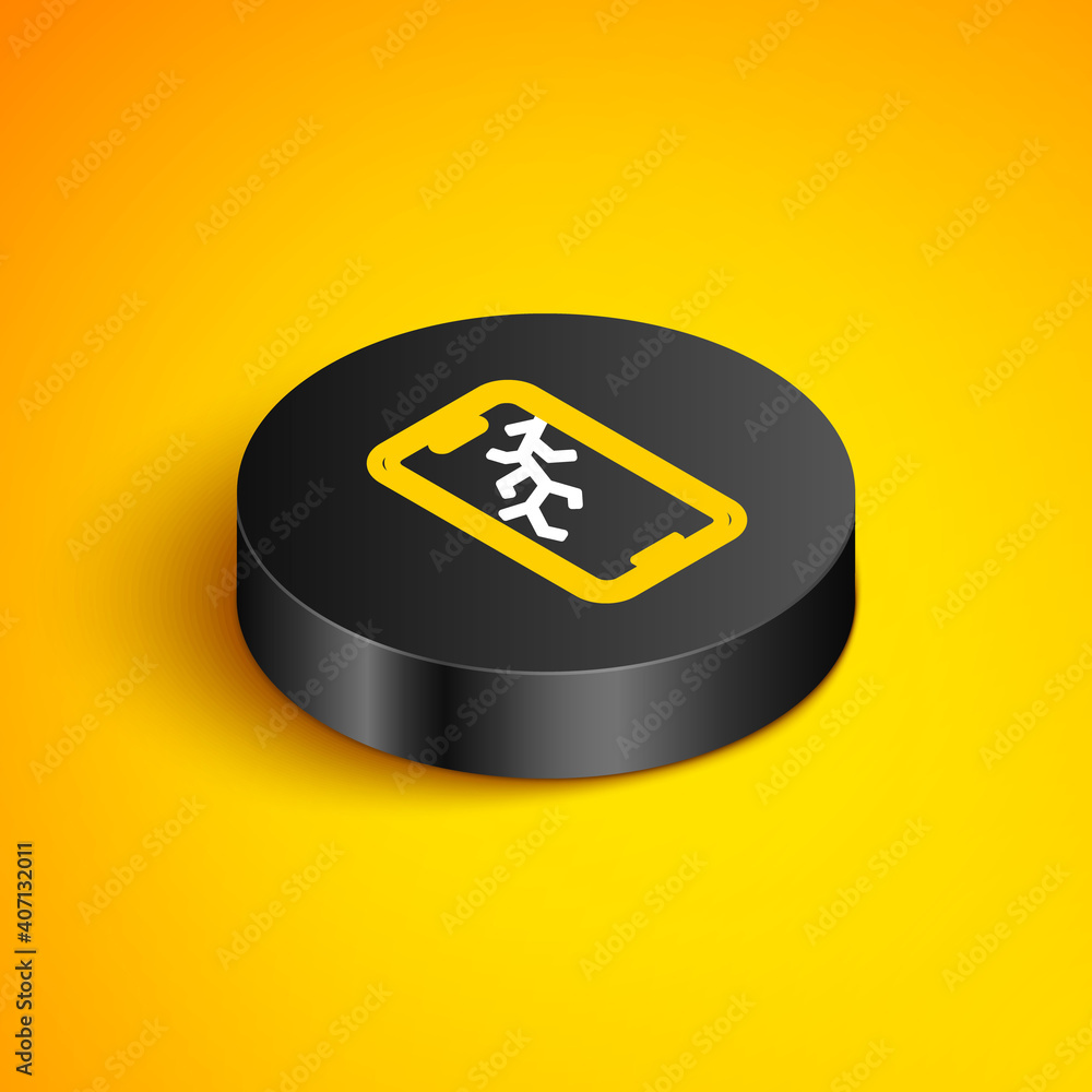 Obraz premium Isometric line Smartphone with broken screen icon isolated on yellow background. Shattered phone screen icon. Black circle button. Vector.