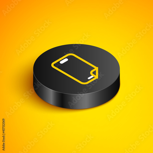 Isometric line Glass screen protector for smartphone icon isolated on yellow background. Protective film for glass. Transparent soft glass for mobile phone. Black circle button. Vector.