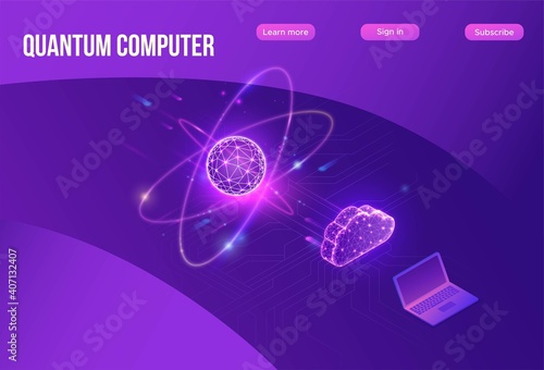 Quantum computer futuristic processor, chip with network, isometric vector illustration, glowing purple design, innovation cloud computing technology