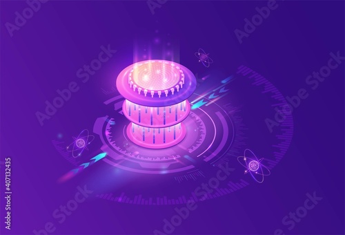 Quantum computer futuristic processor, chip with network, isometric vector illustration, glowing purple design, innovation cloud computing technology